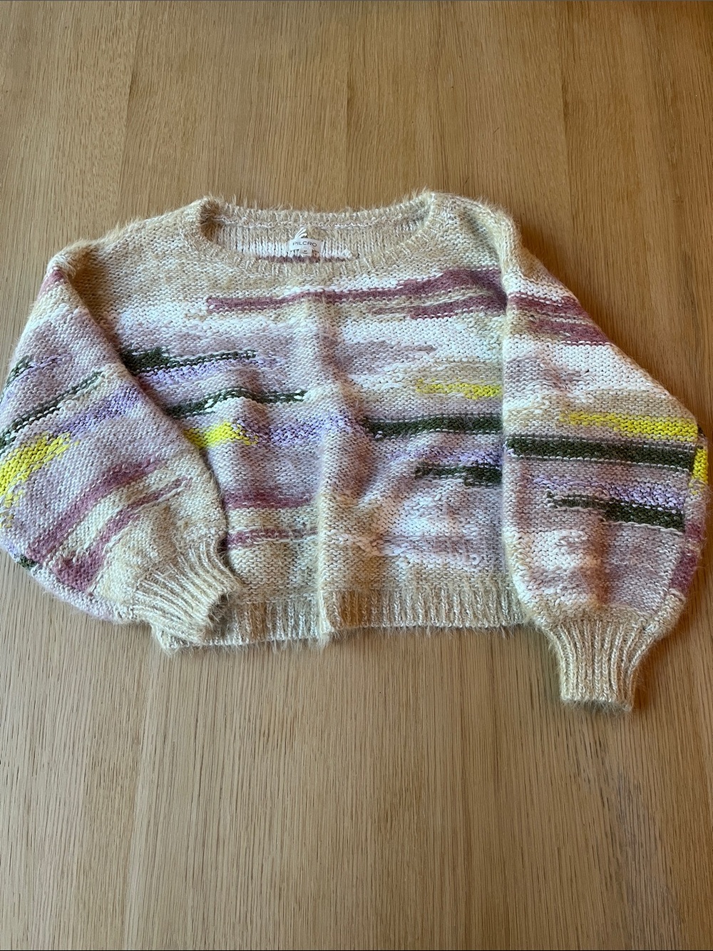 Pilcro Anthropologie Cream Crewneck Sweater with Pink, Yellow & Green Stripes